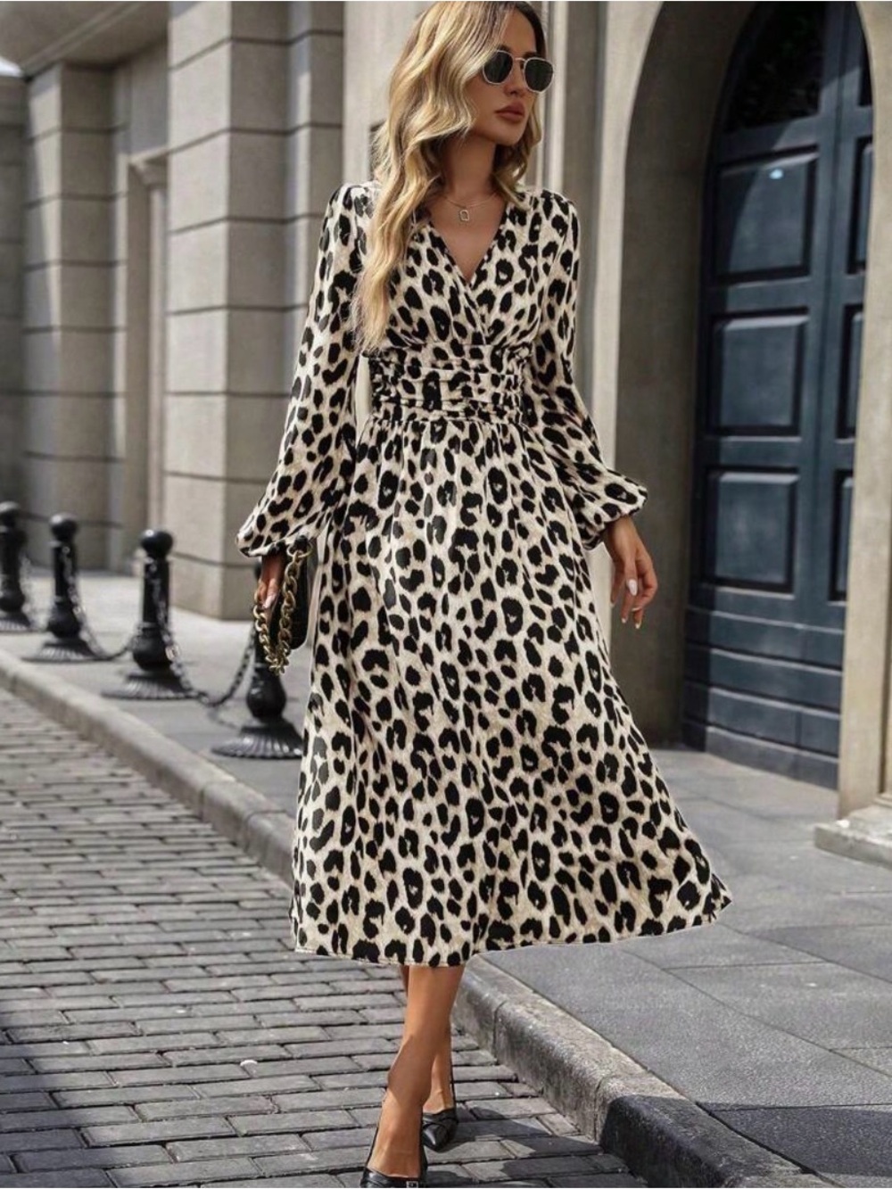 Leopard Print Wrap Midi Dress - Black & Cream